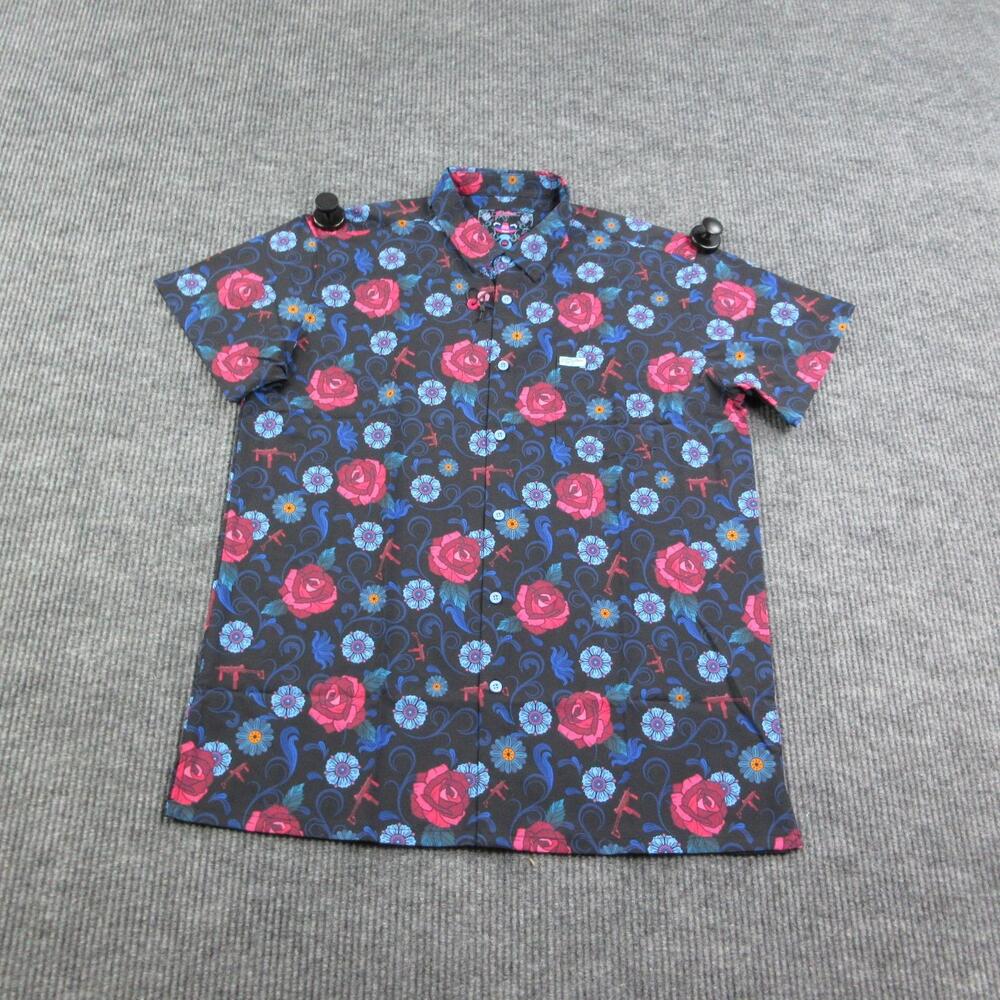Retro Rifle Shirt Mens XL Black Floral Button Up Short Sleeve Stretch NWOT